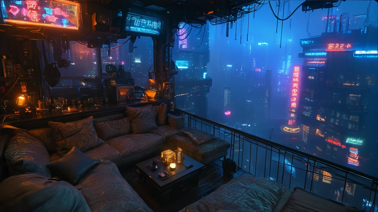  city view, like the Blade Runner scene, has a sofa and table,  cyberpunk settings ,  cyberpunk atmosphere, Cyberpunk dream world, Blade Runner vibes, the Cyberpunk Apartment , The room with a ,  Dirty Cyberpunk City , Dystopian City Apartment ,  cyberpunk lights ,  Cyberpunk Aesthetics ,  Blade Runner Apartment , Cyberpunk Apartment , neon rainy  cyberpunk settings ,  cyberpunk atmosphere