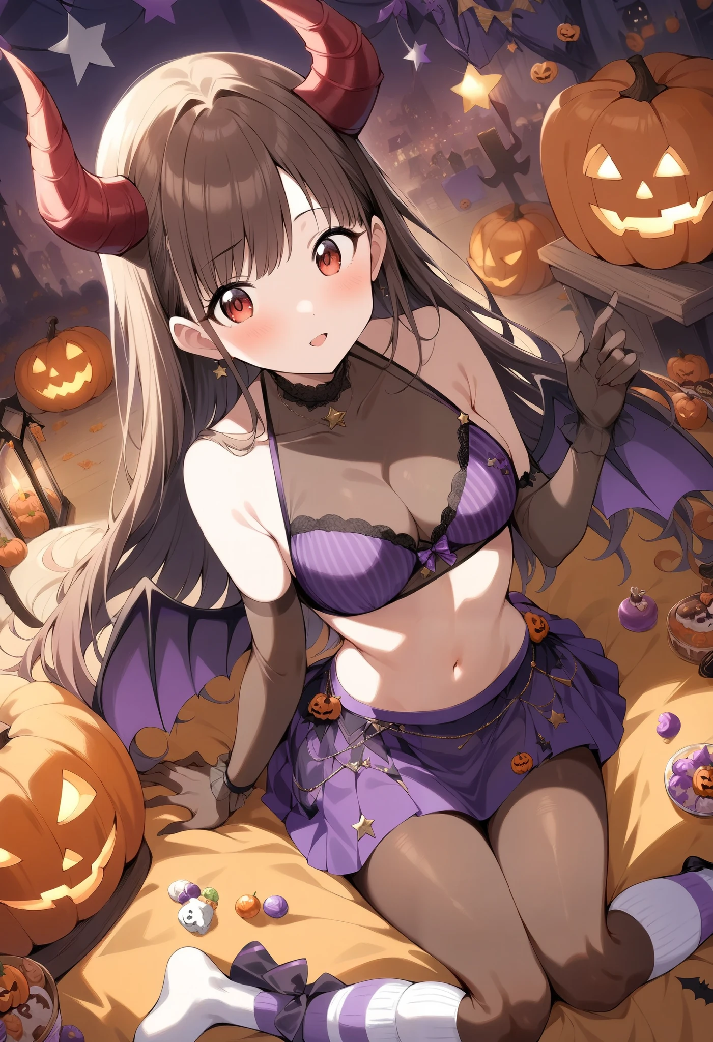 (  Masterpiece ,  best quality:1.2),  1 girl, Alone、tyoko、red devil's horn and wings, See-through high neck, purple and black striped bra with star buttons, see-through navel baring, see-through midriff, see through gloves, purple skirt with halloween decorations, purple and white striped socks, pantyhose,