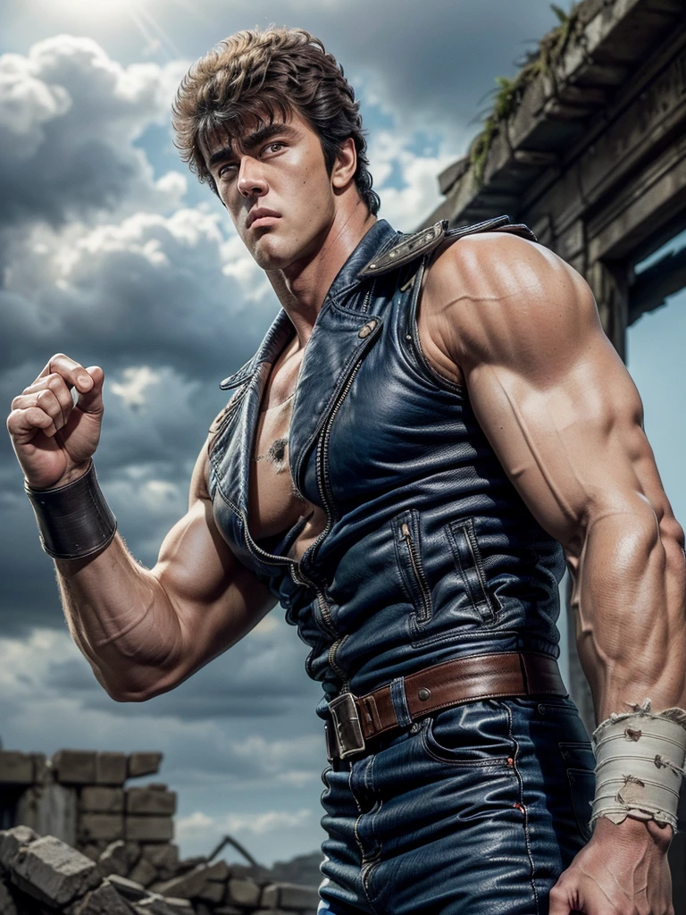 ((kenshirou:1.25)), (((ancient ruined city:1.25, Doomsday City, sunlight filtering through clouds:1.25, Clear blue sky))), crumbling towers, intricate architecture, sense of decay and abandonment, (fist in hand pose, Fighting Stance), ((Kenshiro-like hairstyle, Short unkempt hair)), Brownish black hair, (blue jacket, red undershirt), Thick eyebrows, handsome face, (RAW photo:1.2),(photorealistic:1.4),(masterpiece:1.4),(best quality:1.4), ultra high res, HDR, 4k, detailed skin texture, detailed cloth texture