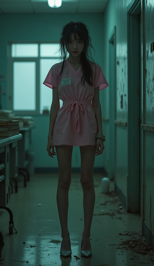 k hd,Kizi,Bloody face,bloodstained clothes,wounded,zombie,nurse's outfit,an empty hallway,hospitals,bite mark,Scratched clothes,Damaged clothes,messy hair,Bare legged,Open-mouthed
