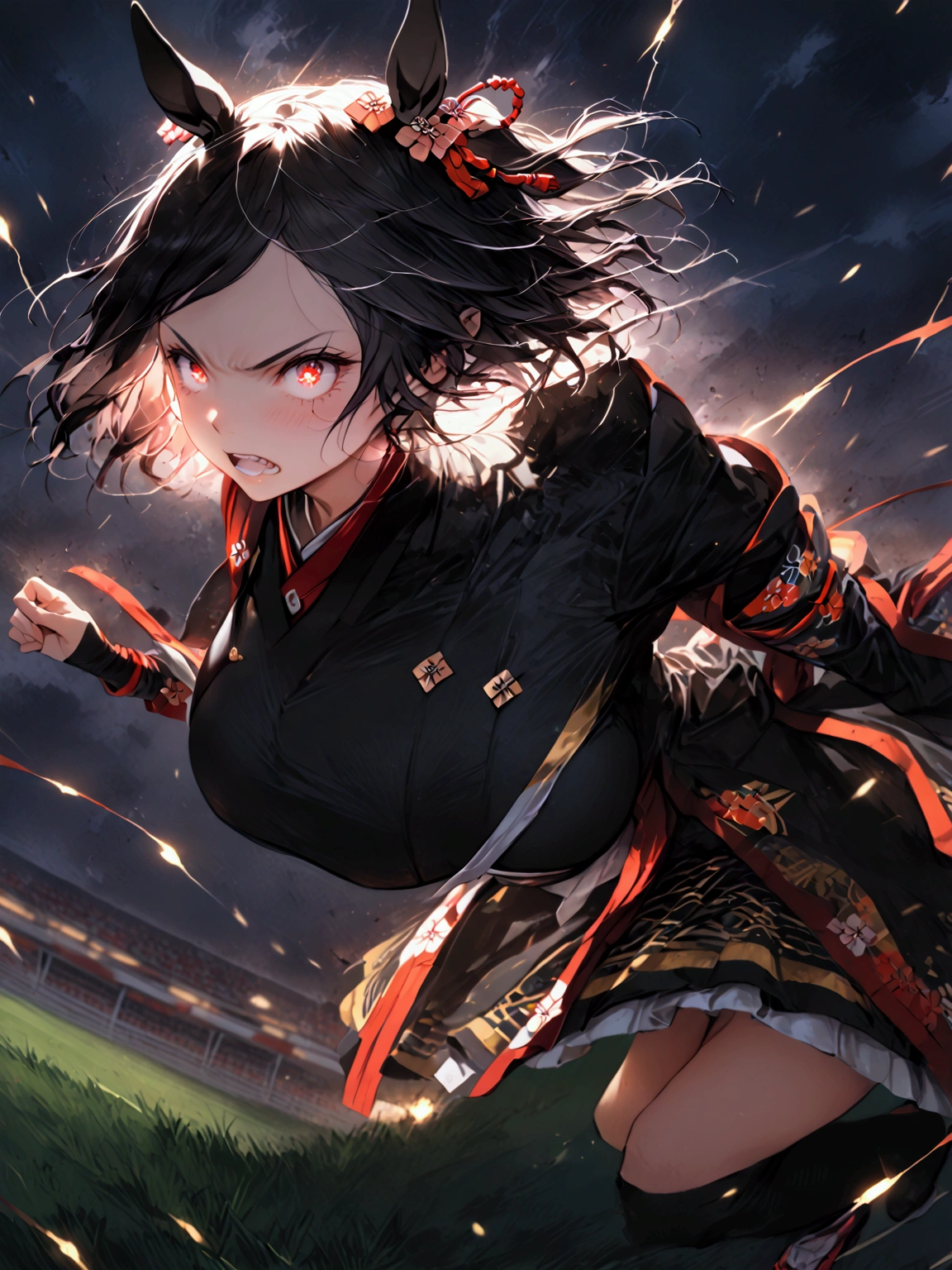 ((( kitasan black 1)))、( black hair)、(((((White bangs)))))、( short hair)、(red and black horse girl skirt costume)、(((Horse&#39;s ears)))、 horse tail、(((((run)))))、(((((Sprinting)))))、(Glowing Eye Trail)、(Glare with sharp eyes)、(frown)、(scowl)、(grind teeth)、(((Speed)))、(((darkness)))、(((Turf)))、Racecourse、「 best quality、masterpiece、  illustration without a face 、 Very Delicate and Beautiful 、 very detailed、CG、8k wallpaper、 amazing、 details、masterpiece、最高の究極の芸術 very detailed CG Unity 8k wallpaper」、Gigantic Huge Breast、((( big cleavage))、( Detailed Delicate Hair )、(Detailed Delicate Skin )、( Detailed and Delicate Faces )、(Detailed and delicate hands )、(Detailed and Delicate Legs )、( Detailed and Delicate Outfits)、(Perfect Legs)、(Perfect Arms)、( perfect face)、Thunder and lightning