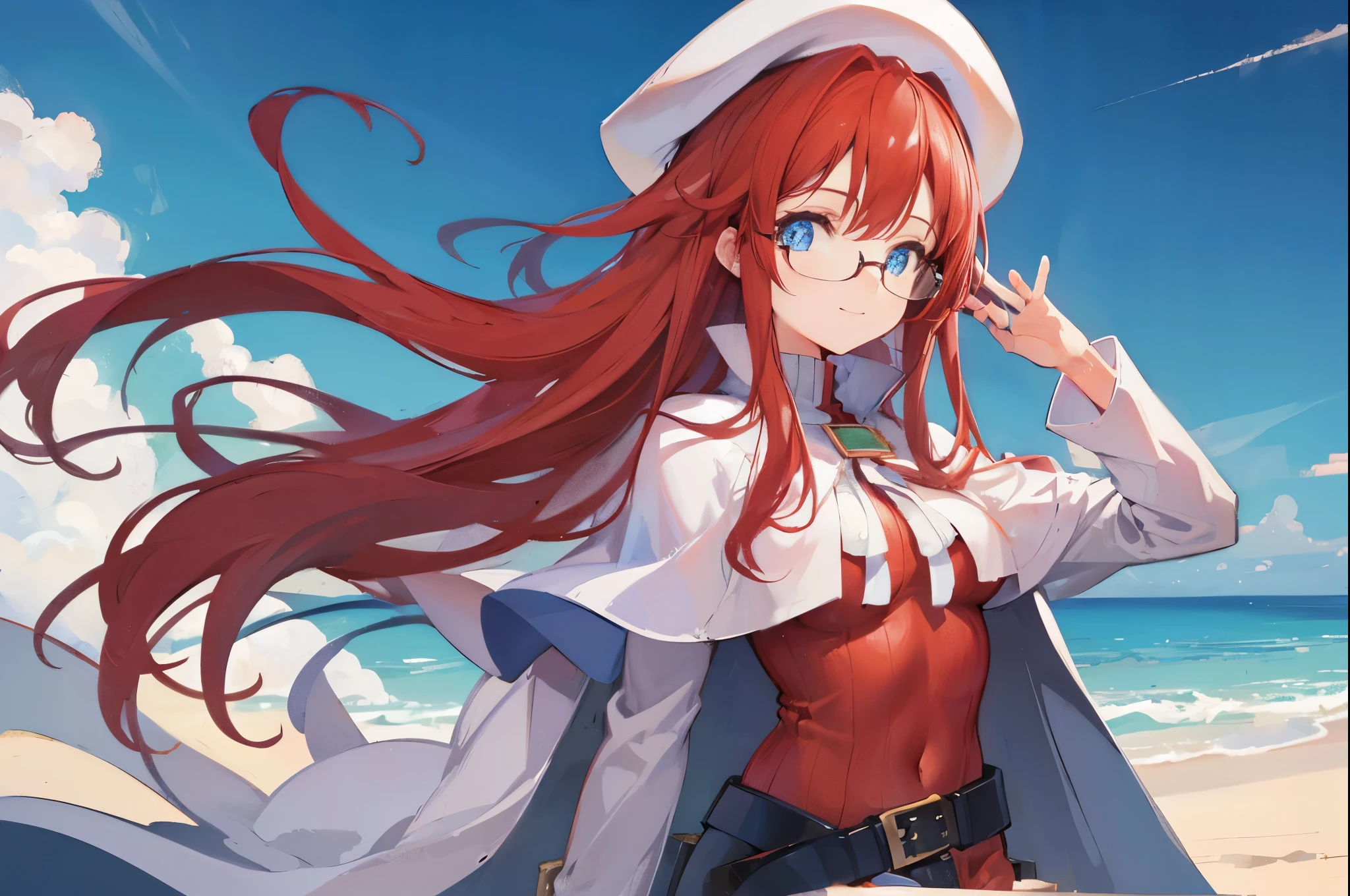 summonnightaty, aty, (young:1.3),long hair, blue eyes, red hair, big_tits, hat, glasses,
BREAK long hair, thighhighs, hat, dress, naked_legs, glasses, belt, cape, sweater, zettai ryouiki, beret, thigh boots, white footwear, ribbed sweater, loose belt,solo,
BREAK outdoors, fantasy,on_beach,
,Highquality_hads,perfect_fingers,
BREAK (masterpiece:1.2), best quality, high resolution, unity 8k wallpaper, (illustration:0.8), (beautiful detailed eyes:1.6), extremely detailed face, perfect lighting, extremely detailed CG, (perfect hands, perfect anatomy),covered_nipples,covered_navel ,half_eyes,long_sword,sleepy_eyes,red_sweater,apart_knees,magical_effect,spread_legs, have_a_book,teacher,rise_knee,Smile,rise_hand,look_down_viewer,spread_arms,sea​_waves,looking_into,blue_sky,plump,open_mouth, dynamic_posing,solo