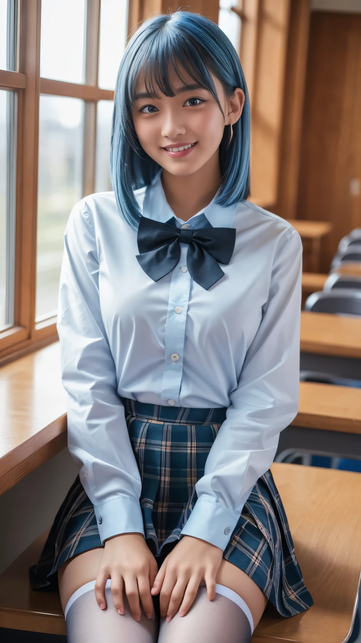 (Highest quality, 4K, 8k, High resolution, masterpiece, Genuine, Realistic, Realistic:1.3), (upper body), Girl sitting on the school desk in classroom, bow tie Uniform, blown plaid skirt, small Ear piercing, Gal Makeup, wearing white collared shirts, black pantyhose, ((light blue hair)), 18-year-old, bangs, grin, thick thighs, knees, From below, pinching skirt:0.7, open legs:0.5,