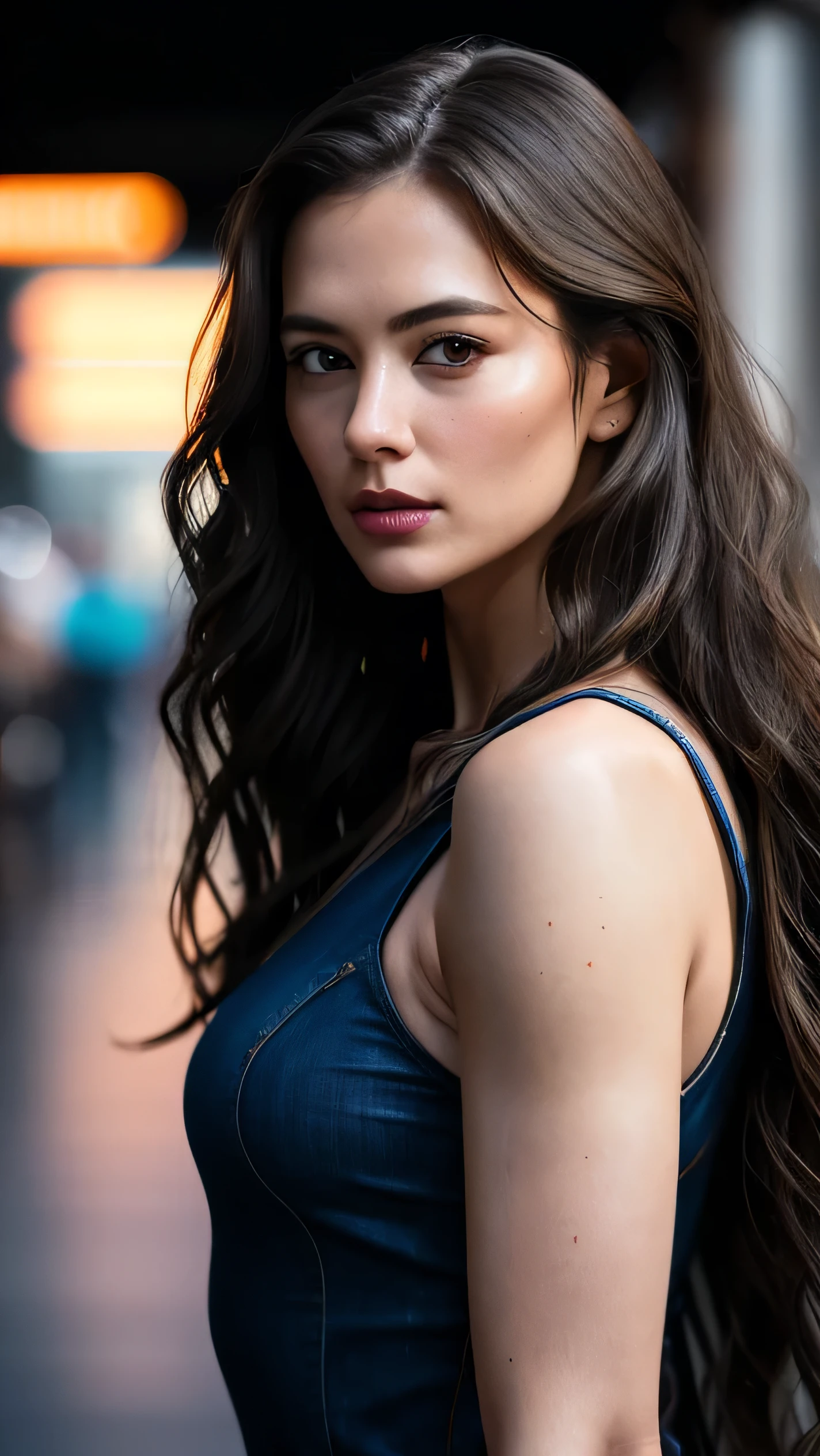 Full Face portrait photo oF 25 year old European girl, raw, beautiFul woman, Semi-open strawberry lip, Dimples, wistFul expression, (Brown hair with extra long wavy), ((detailed Face)), ((detailed Facial Featureine detailed skin), pale skin, Cyberpunk Megacity Environment, (cool color), moist, moist, reFlection, (Masterpiece shot with Canon EOS R5 (detail) (Realistic Photos) (Detailed details) 50mm Lens, F/2.8, nffsw, (8K) (Wallpaper) (Cinematic lighting) (Dramatic Lighting) (sharp Focus) (with an intricate), raw photography, raw photography, Gigachad Photos, Camera Pose, Black jeans, Back arm, 8K uhd, Digital SLR, High quality, Grain film, FujiFilm XT3, Film Stock Photo 4 Kodak Portra 400 Camera F1.6 Lenses Rich colors Ultra-realistic textures Dramatic lighting Unreal Engine Art Station Trends Cinestill 800 Tungsten, toughboy style, Ultra Focus Face, Intimidating, fighting position, Short messy hair, musculature, Ruptured veins, bead, (( oFF-shoulder crop top)),