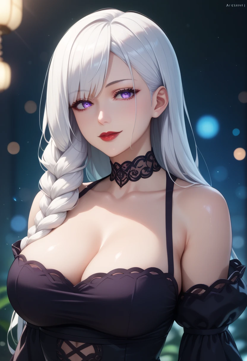  score_9, score_8_up, score_7_up, score_6_up, score_5_up, score_4_up BREAK skinny, Big Breasts, shiny skin,Bokeh,bloom, indoor,Particles of light, bedroom,  1 girl, (( clear eyes)), Meimei, ((( long hair, white hair , woven ,Hair on one eye))),  pale skin, Purple Eyes, Medium lips,  red lips,  mature woman , ((Perfect model figure)),(( black dress,  deep neckline ,  black choker)),  wide hips, モデルの pose,  pose,   sexy smile  