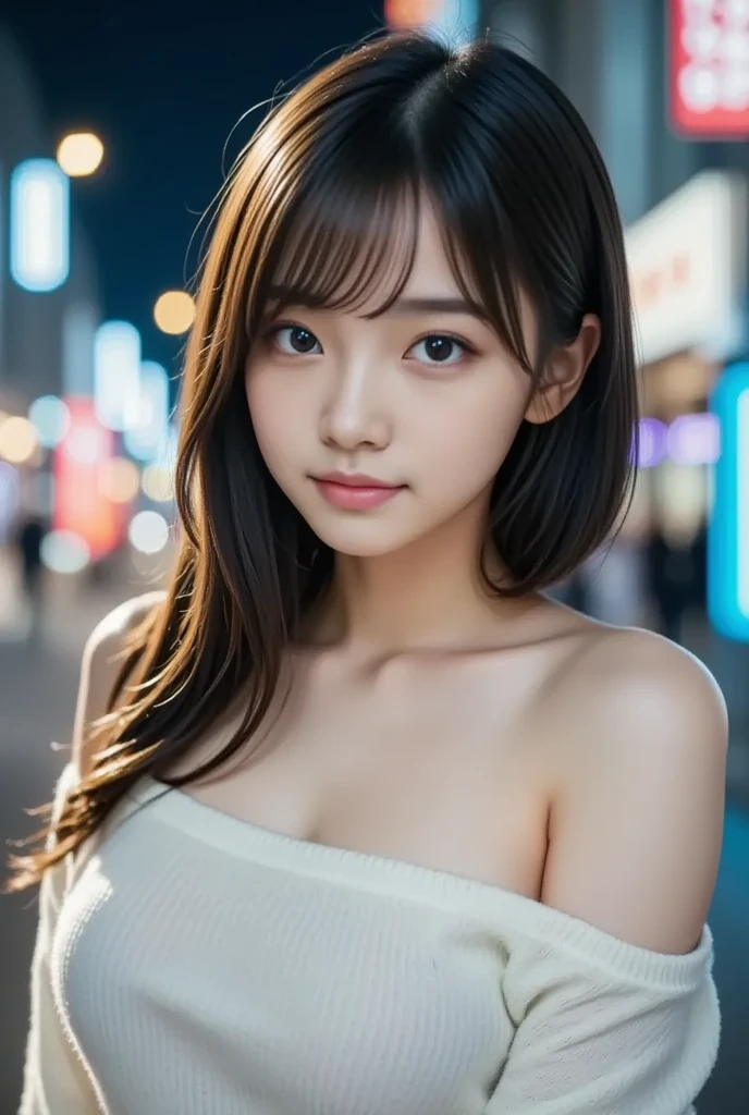 (nsfw:1.5), (masterpiece,  best quality:1.2), One Japanese girl, solo, 18 years old, sexy,((A very cute face like a popular idol)), Beautiful model、 smaller breasts,  black hair,  ( white off-the-shoulder sweater in the middle of the city, gray skirt in the middle of the city) 、 The background is a beautiful night view、 upper body