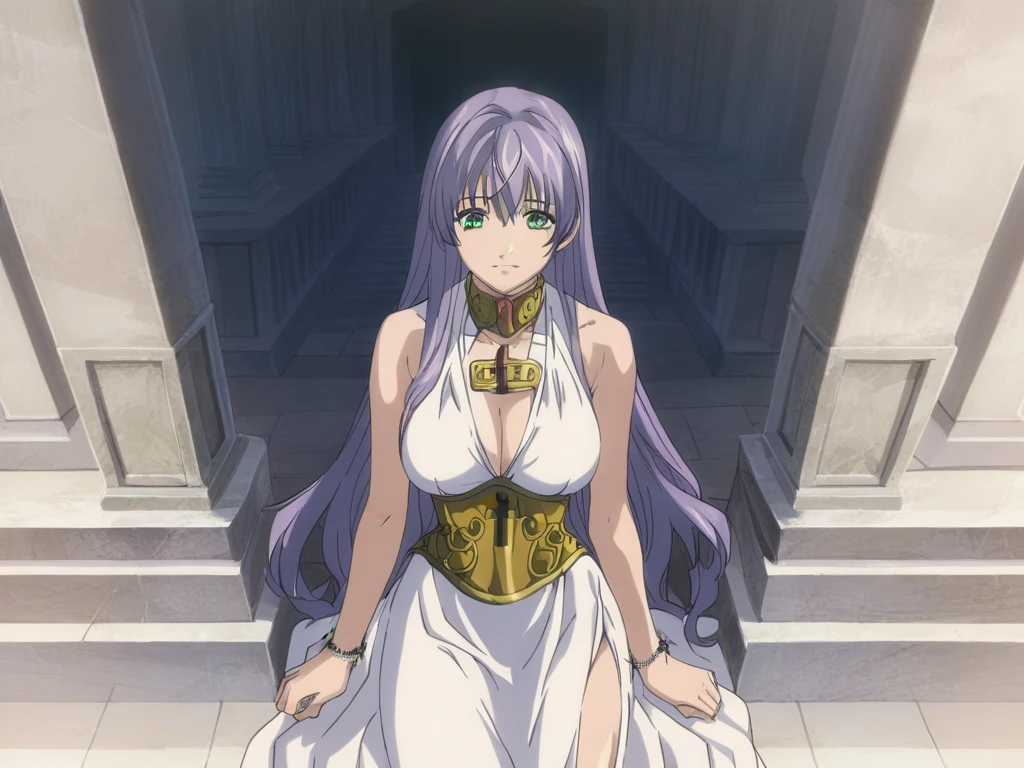  better quality , masterpiece , looking at the viewer, absurdres,1 girl, score_9, score_8_above, score_7_above,source_ anime ROMPS Sasha , green eyes, purple hair ,long hair, Big breasts, white dress1, dress, neckline, Petal bracelet, Golden belt, jewelry,  lyrics,  wallpaper , side opening, high opening, cross opening , Absolute Field , thighs,Architecture of Greece,outdoor, sunny, natural light