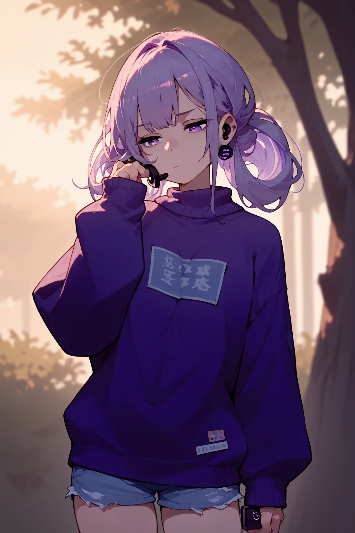 masterpiece,1girl,solo,light purple hair,purple sweater,violet eyes,jean shorts,airpods,leaning aganst tree,school background,morning,bored expression,using phone