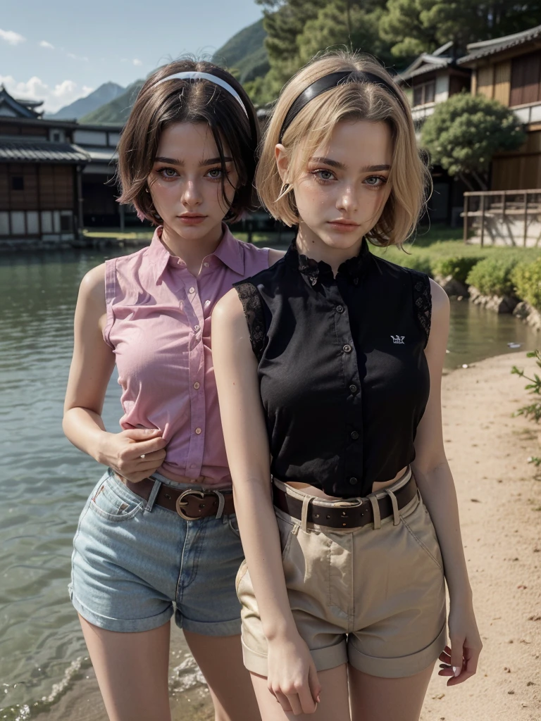 Kizi, short green hair, baggy shorts, white blouse
