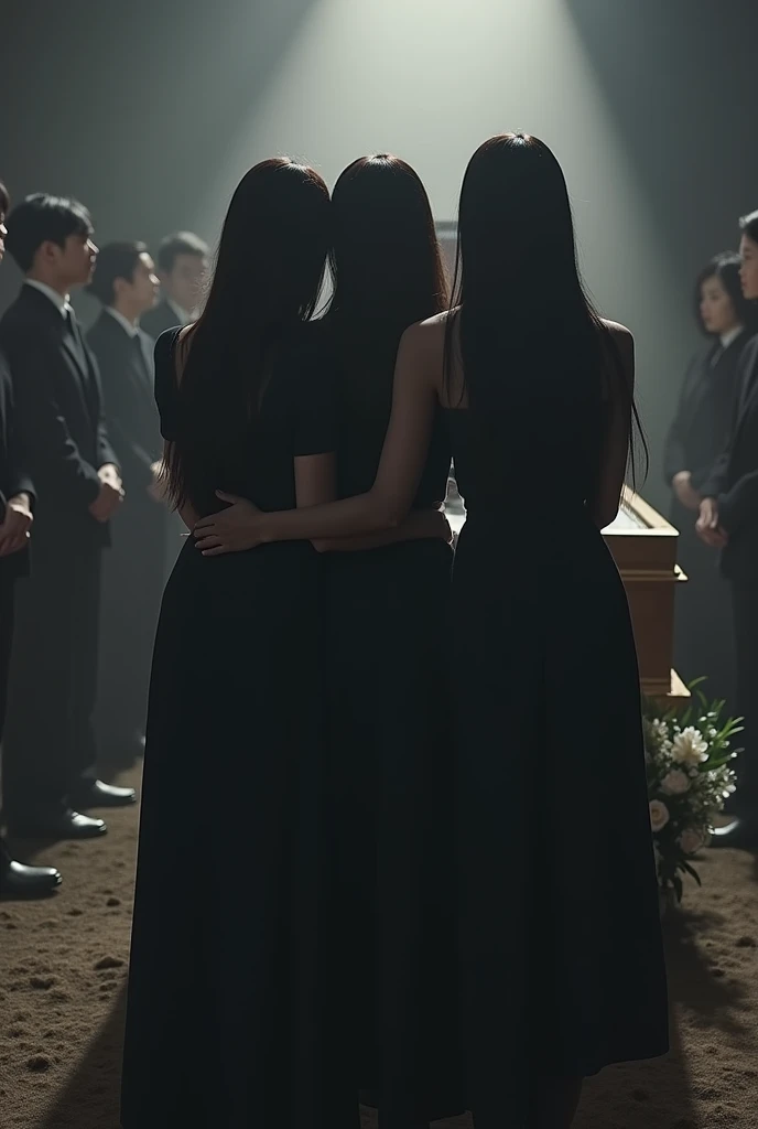 2 women in front of a coffin that has a blanket on top and a wreath, around a lot of people