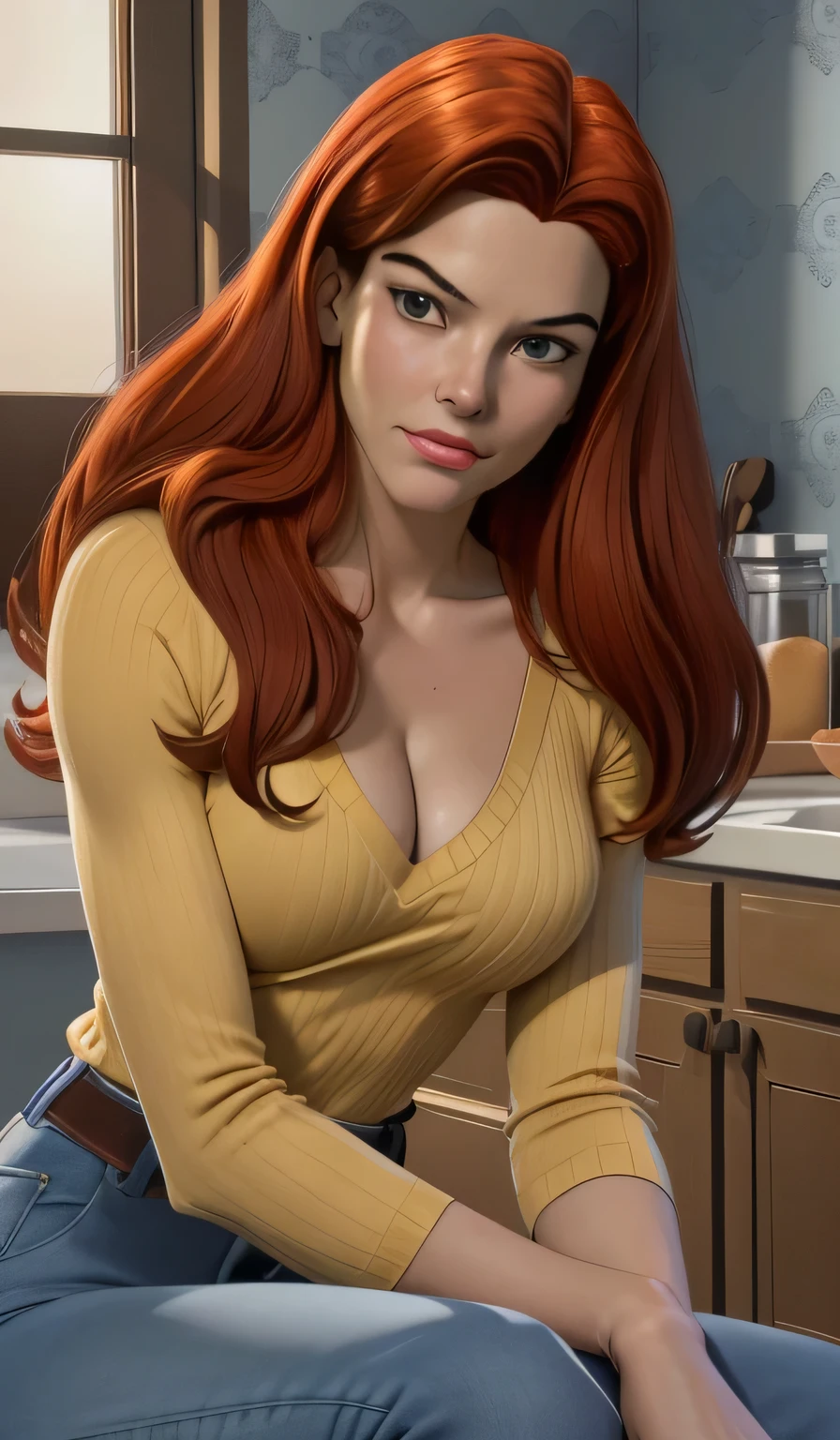 1girl in, age18, Jean Grey Waifu, photo of perfect woman, Jean Grey from X-Men, Solo, Aesthetic artwork, (long red hair, long hair, full waist length red hair), (clear skin, pale skin, large breasts, DD-cup, runners body, very thin waist, skinny, petite, detailed skin texture), (lying face down over a counter, serious expression, cleavage, focus on breasts:1.2), (X-Men), (wearing bow cut v-neck long sleeve sweater, tight denim jeans:1), (mansions kitchen, detailed pantry background:1.3), (extremely detailed 8k wallpaper), soft lighting, high quality, film grain, Fujifilm XT3 sharp focus, f 5.6, 50mm, High Detail, Sharp focus,(natural light), crazy details, complex details, hyper detailed. (cowboy photo:1.2), light particles, sfw