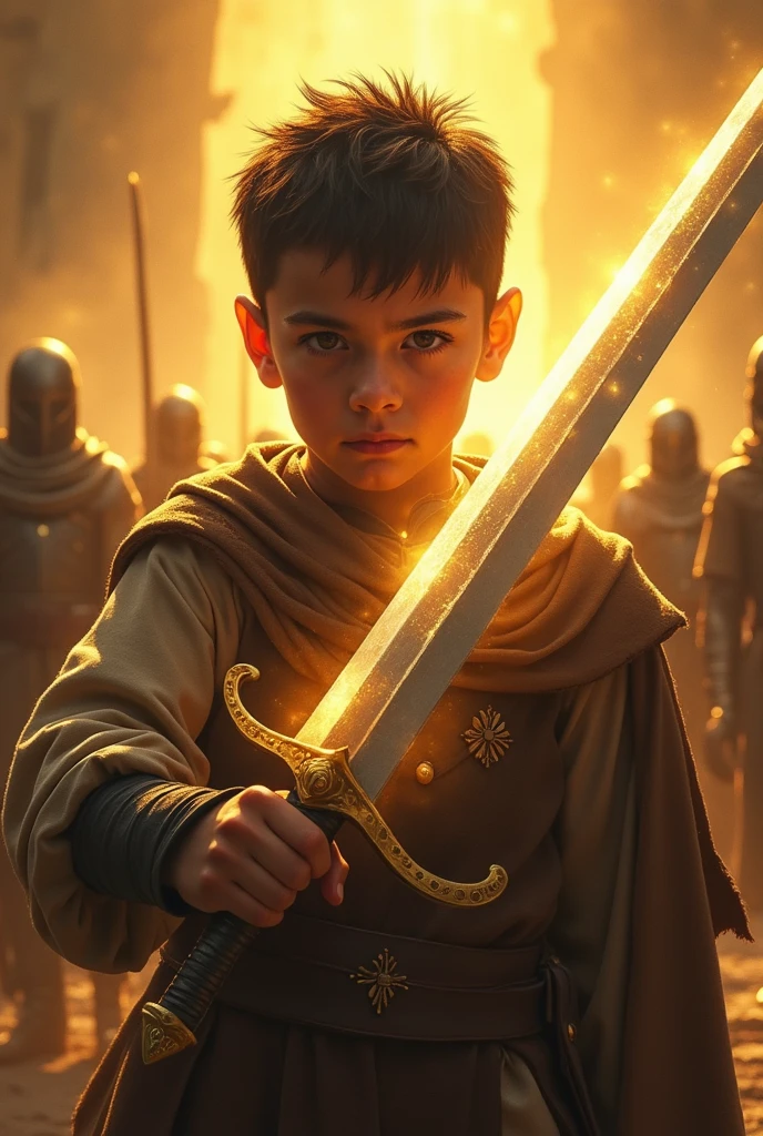 A boy holding a legendary sword in a destroyed place