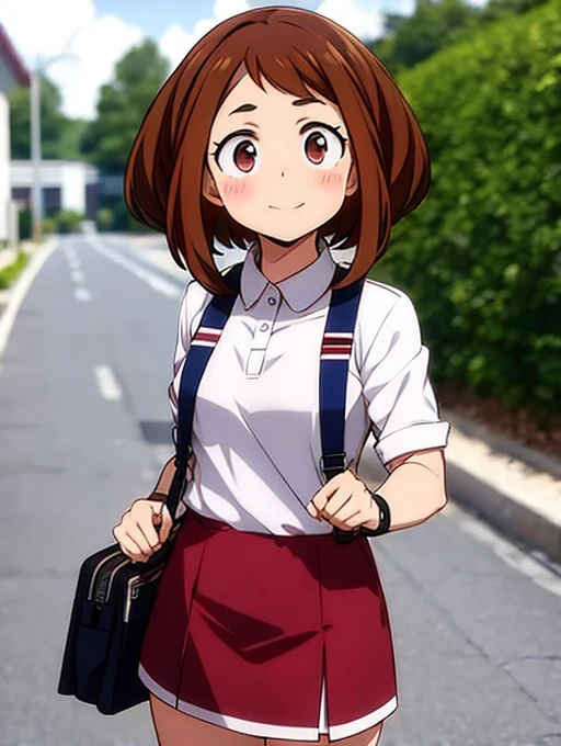 Ochaco Uraraka, wearing a uniform, nice environment, super detailed, high quality