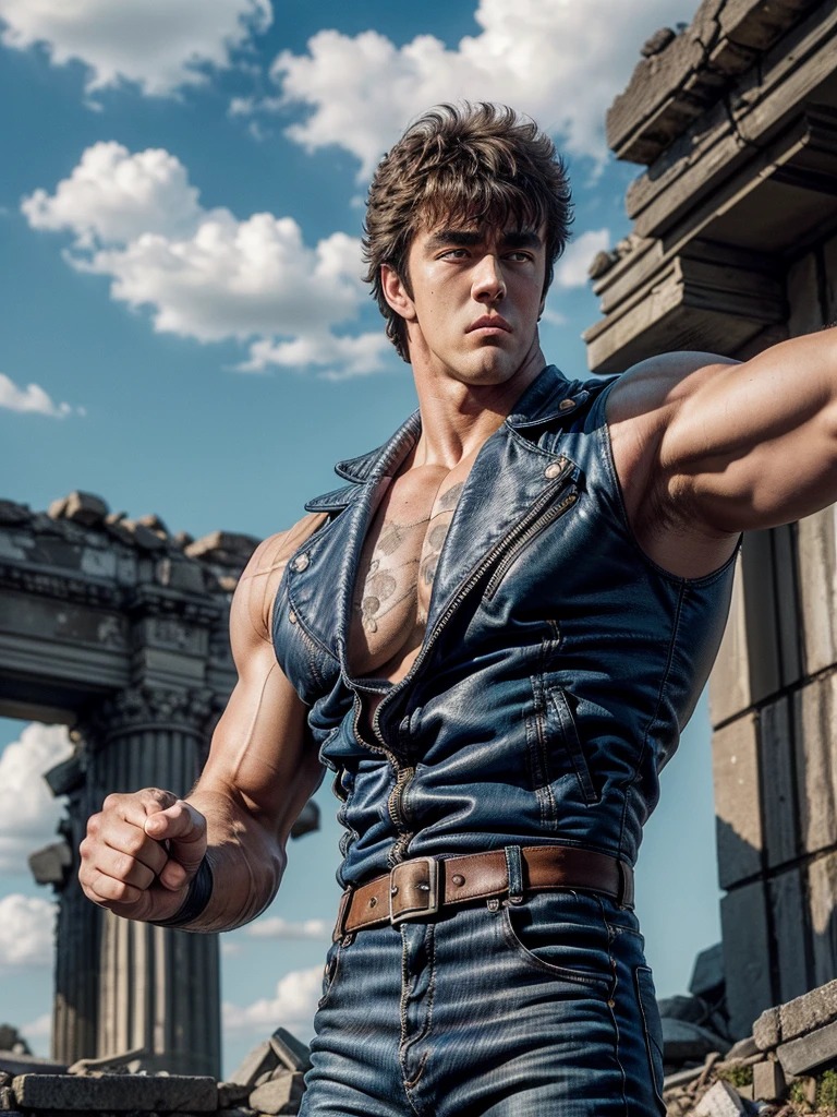 kenshirou, (((ancient ruined city:1.25, Abandoned city background, Blue sky and white clouds, Clear blue sky))), crumbling towers, intricate architecture, sense of decay and abandonment. (fist in hand pose, Fighting Stance), ((Kenshiro-like hairstyle, Short unkempt hair)), Brownish black hair, (blue jacket, red undershirt), Thick eyebrows, handsome face., sunlight filtering through clouds, Doomsday City, (photorealistic:1.4),(masterpiece:1.4),(best quality:1.4), ultra high res, HDR, 4k, detailed skin texture, detailed cloth texture