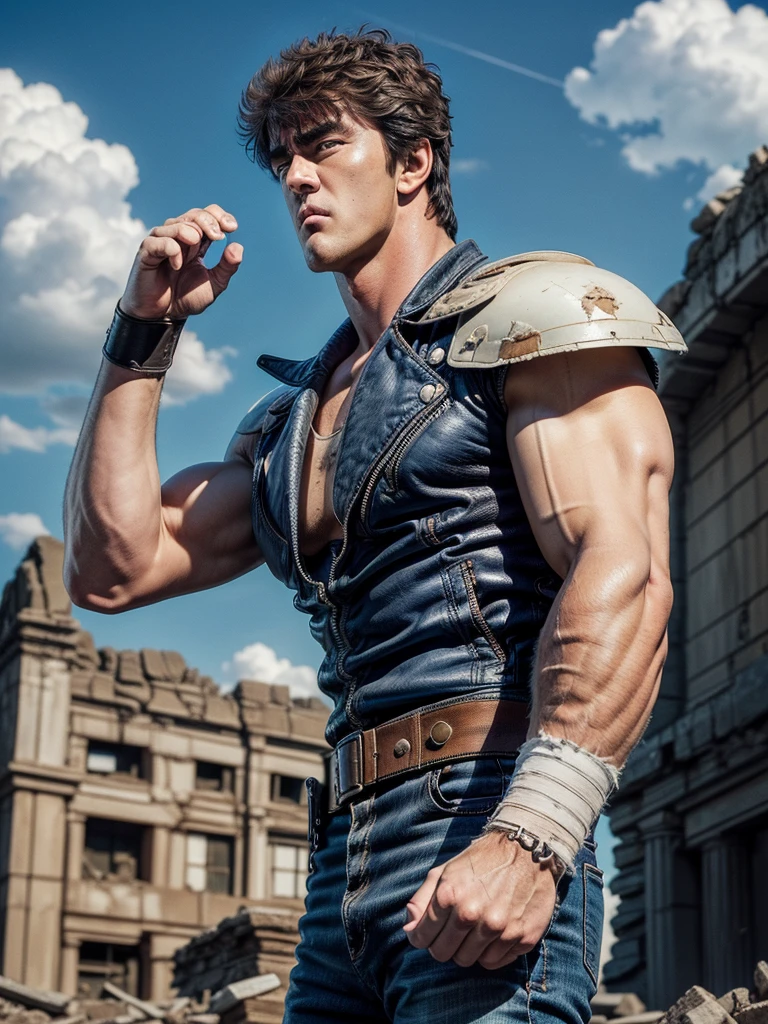 kenshirou, (((ancient ruined city:1.25, Abandoned city background, Blue sky and white clouds, Clear blue sky))), crumbling towers, intricate architecture, sense of decay and abandonment. (fist in hand pose, Fighting Stance), ((Kenshiro-like hairstyle, Short unkempt hair)), Brownish black hair, (blue jacket, red undershirt), Thick eyebrows, handsome face., sunlight filtering through clouds, Doomsday City, (photorealistic:1.4),(masterpiece:1.4),(best quality:1.4), ultra high res, HDR, 4k, detailed skin texture, detailed cloth texture