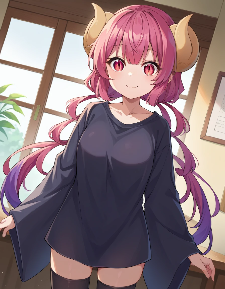 score_9, score_8_up, score_7_up, source_anime,
dragonilulu, ilulu, curled horns, horns, long hair, multicolored hair, purple hair, red eyes, red hair, slit pupils, smile,
black shirt, long shirt, black thighhighs, collarbone, shirt, short sleeves, thighhighs, wide sleeves, zettai ryouiki,
indoors,
looking at viewer, cowboy shot, dutch angle,