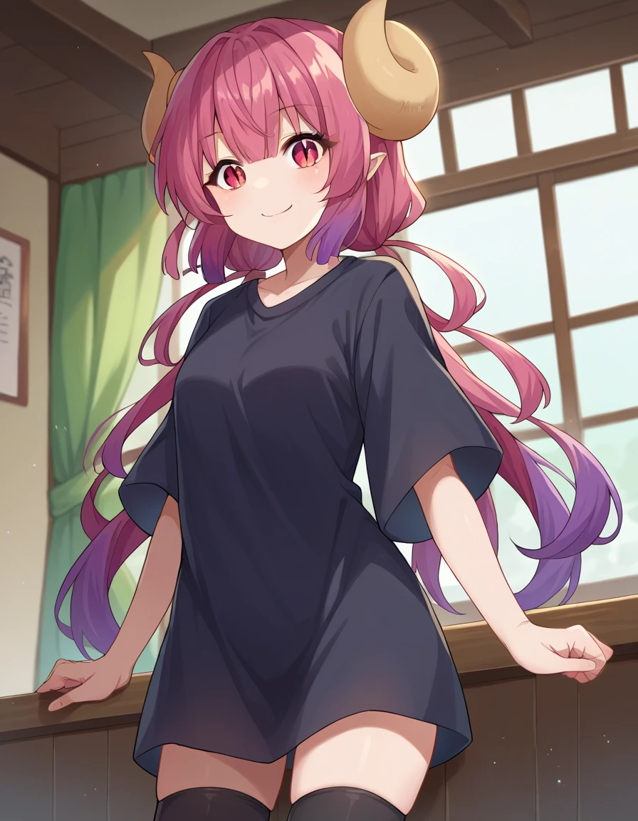 score_9, score_8_up, score_7_up, source_anime,
dragonilulu, ilulu, curled horns, horns, long hair, multicolored hair, purple hair, red eyes, red hair, slit pupils, smile,
black shirt, long shirt, black thighhighs, collarbone, shirt, short sleeves, thighhighs, wide sleeves, zettai ryouiki,
indoors,
looking at viewer, cowboy shot, dutch angle,