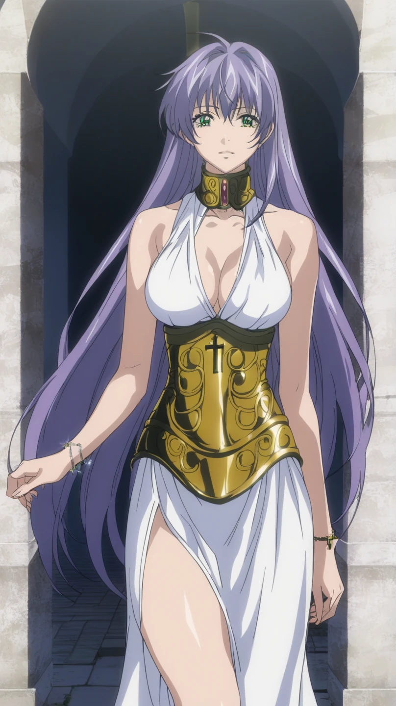  better quality , masterpiece , looking at the viewer, absurdres,1 girl, score_9, score_8_above, score_7_above,source_ anime ROMPS Sasha , green eyes, purple hair ,long hair, Big breasts, white dress1, dress, neckline, Petal bracelet, Golden belt, jewelry,  lyrics,  wallpaper , side opening, high opening, cross opening , Absolute Field , thighs,Architecture of Greece,outdoor, sunny, natural light