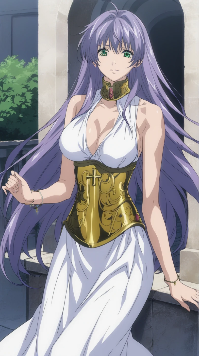  better quality , masterpiece , looking at the viewer, absurdres,1 girl, score_9, score_8_above, score_7_above,source_ anime ROMPS Sasha , green eyes, purple hair ,long hair, Big breasts, white dress1, dress, neckline, Petal bracelet, Golden belt, jewelry,  lyrics,  wallpaper , side opening, high opening, cross opening , Absolute Field , thighs,Architecture of Greece,outdoor, sunny, natural light