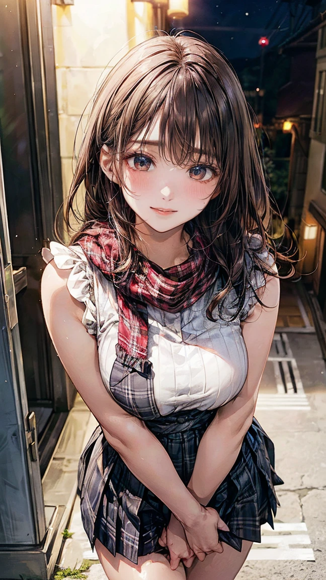 masterpiece, highest quality, One Girl, Thighs, beautiful girl, Flowers, たくさんの小さなflowerびら, flower、Small waist, RAWphotograph,Bright lighting、Face Light, Ultra-realistic, High resolution, photograph, Sharp focus, Highly detailed eyes and face,Symmetrical face, whole body、Large Breasts、Long Hair、チラリと見えるThighs、Emphasized cleavage、Red mini skirt、White high heels、White lace shirt、Brown cardigan、Big red ribbon、White sneakers、Red School Bag、Shooting from below、Morning Glow