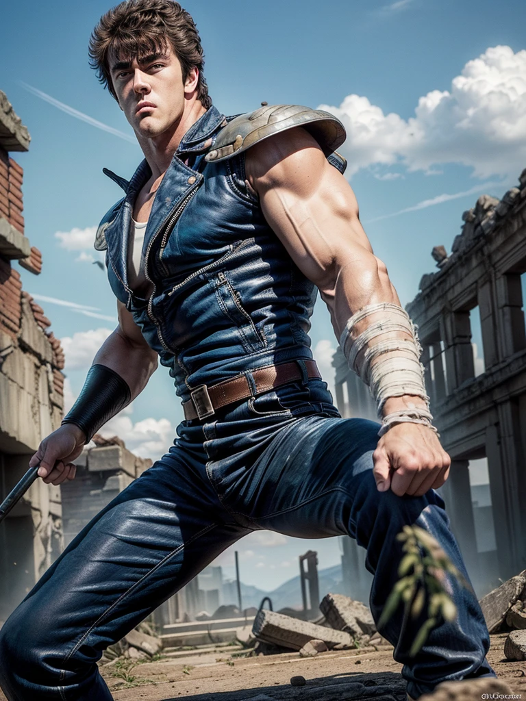 kenshirou, (((ancient ruined city:1.25, Abandoned city background, Blue sky and white clouds, Clear blue sky))), crumbling towers, intricate architecture, sense of decay and abandonment. (fist in hand pose, Fighting Stance), ((Kenshiro-like hairstyle, Short unkempt hair)), Brownish black hair, (blue jacket, red undershirt), Thick eyebrows, handsome face., sunlight filtering through clouds, Doomsday City, (photorealistic:1.4),(masterpiece:1.4),(best quality:1.4), ultra high res, HDR, 4k, detailed skin texture, detailed cloth texture