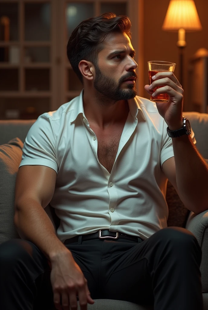 Create a realistic photo, typical Spanish man with a beard and mustache, very handsome man with a charming and deep look, green eyes, brown hair, ((full body)) hyper realistic photos, dressed in black jeans, a white colored shirt with patterns, black colored shoes, hold a glass of alcohol in hands, chat with friends, background image: in a bar with friends, head to toe, full body , hyper realistic photo