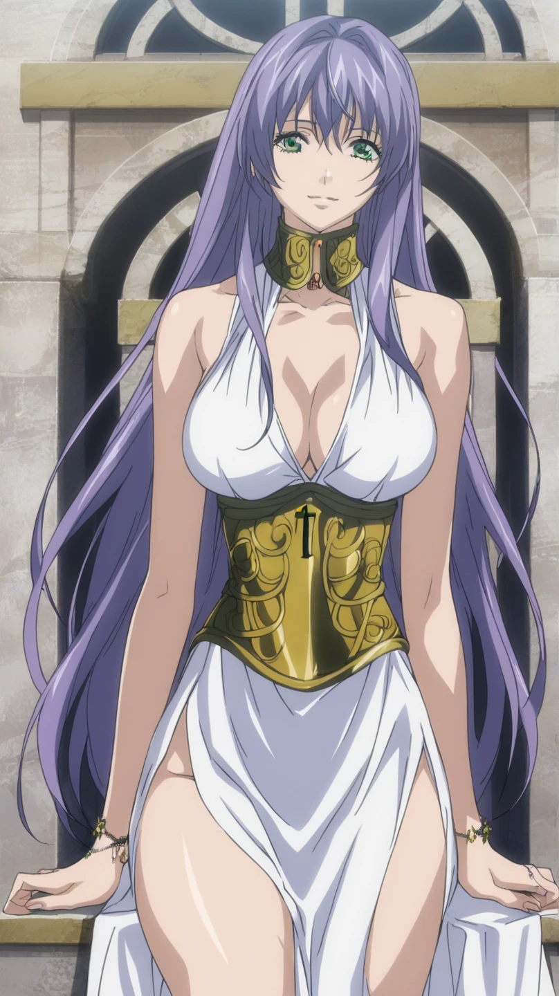  better quality , masterpiece , looking at the viewer, absurdres,1 girl, score_9, score_8_above, score_7_above,source_ anime ROMPS Sasha , green eyes, purple hair ,long hair, Big breasts, white dress1, dress, neckline, Petal bracelet, Golden belt, jewelry,  lyrics,  wallpaper , side opening, high opening, cross opening , Absolute Field , thighs,Architecture of Greece,outdoor, sunny, natural light