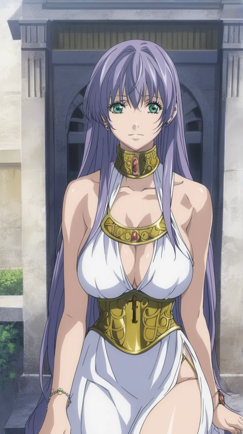  better quality , masterpiece , looking at the viewer, absurdres,1 girl, score_9, score_8_above, score_7_above,source_ anime ROMPS Sasha , green eyes, purple hair ,long hair, Big breasts, white dress1, dress, neckline, Petal bracelet, Golden belt, jewelry,  lyrics,  wallpaper , side opening, high opening, cross opening , Absolute Field , thighs,Architecture of Greece,outdoor, sunny, natural light