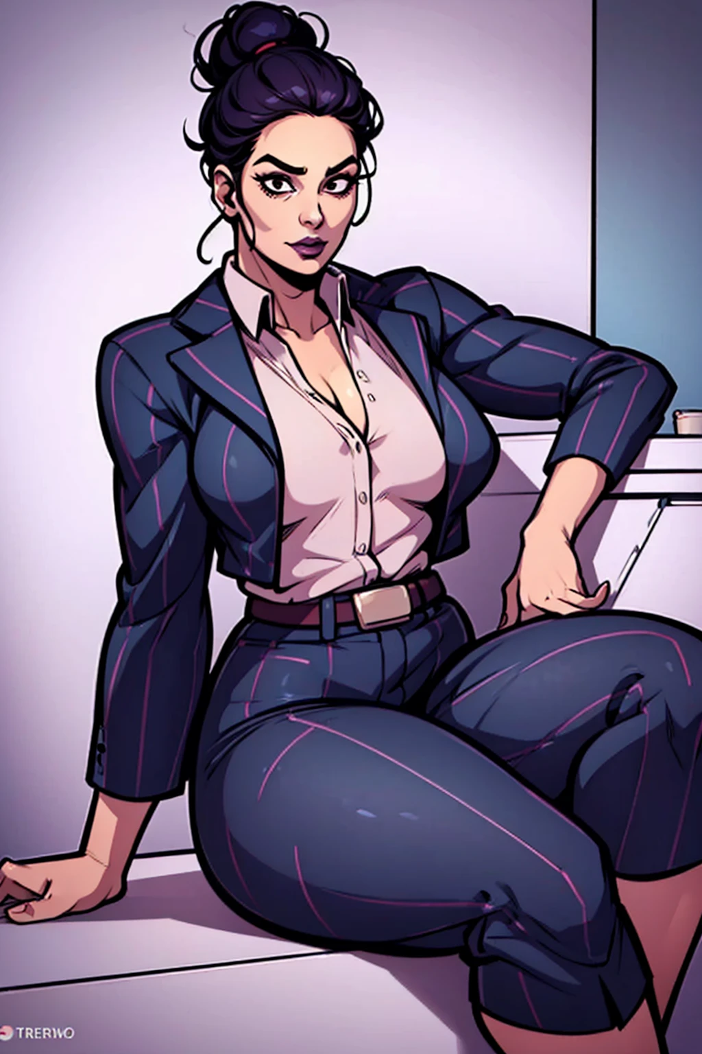 Digital art, angled view, sexy sitting pose, full curvy figure, mature woman, adult female, whole body, form-fitting, Jane Romero (Dead by Daylight game) inspired costume, pinstriped blazer, blouse, belt, pinstriped baggy pants that ends above the ankle, belt, flat office heels, 1woman, solo, upper body, lower body, ((Extremely Detailed)), ((Best Quality)), ((Masterpiece)), ((4k)).
