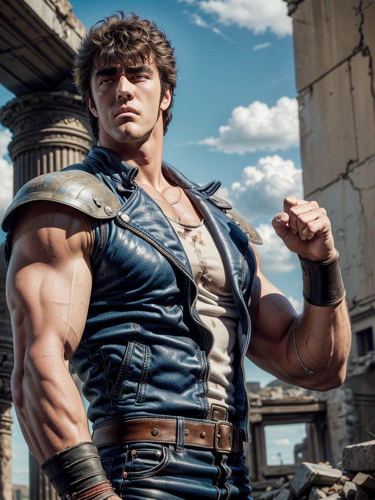 (((ancient ruined city:1.25, Abandoned city background, Blue sky and white clouds, Clear blue sky))), crumbling towers, intricate architecture, sense of decay and abandonment. kenshirou, (fist in hand pose, Fighting Stance), ((Kenshiro-like hairstyle, Short unkempt hair)), Brownish black hair, (blue jacket, red undershirt), Thick eyebrows, handsome face., sunlight filtering through clouds, Doomsday City, (photorealistic:1.4),(masterpiece:1.4),(best quality:1.4), ultra high res, HDR, 4k, detailed skin texture, detailed cloth texture