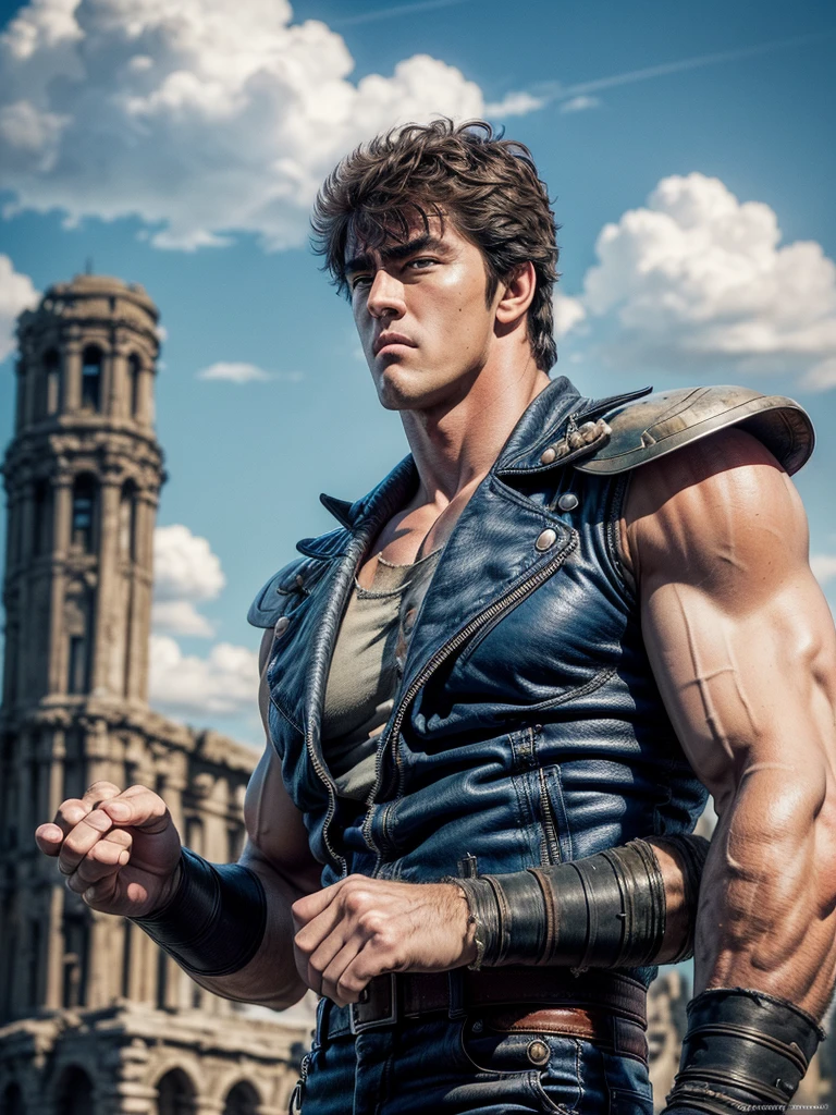 (((ancient ruined city:1.25, Abandoned city background, Blue sky and white clouds, Clear blue sky))), crumbling towers, intricate architecture, sense of decay and abandonment. kenshirou, (fist in hand pose, Fighting Stance), ((Kenshiro-like hairstyle, Short unkempt hair)), Brownish black hair, (blue jacket, red undershirt), Thick eyebrows, handsome face., sunlight filtering through clouds, Doomsday City, (photorealistic:1.4),(masterpiece:1.4),(best quality:1.4), ultra high res, HDR, 4k, detailed skin texture, detailed cloth texture