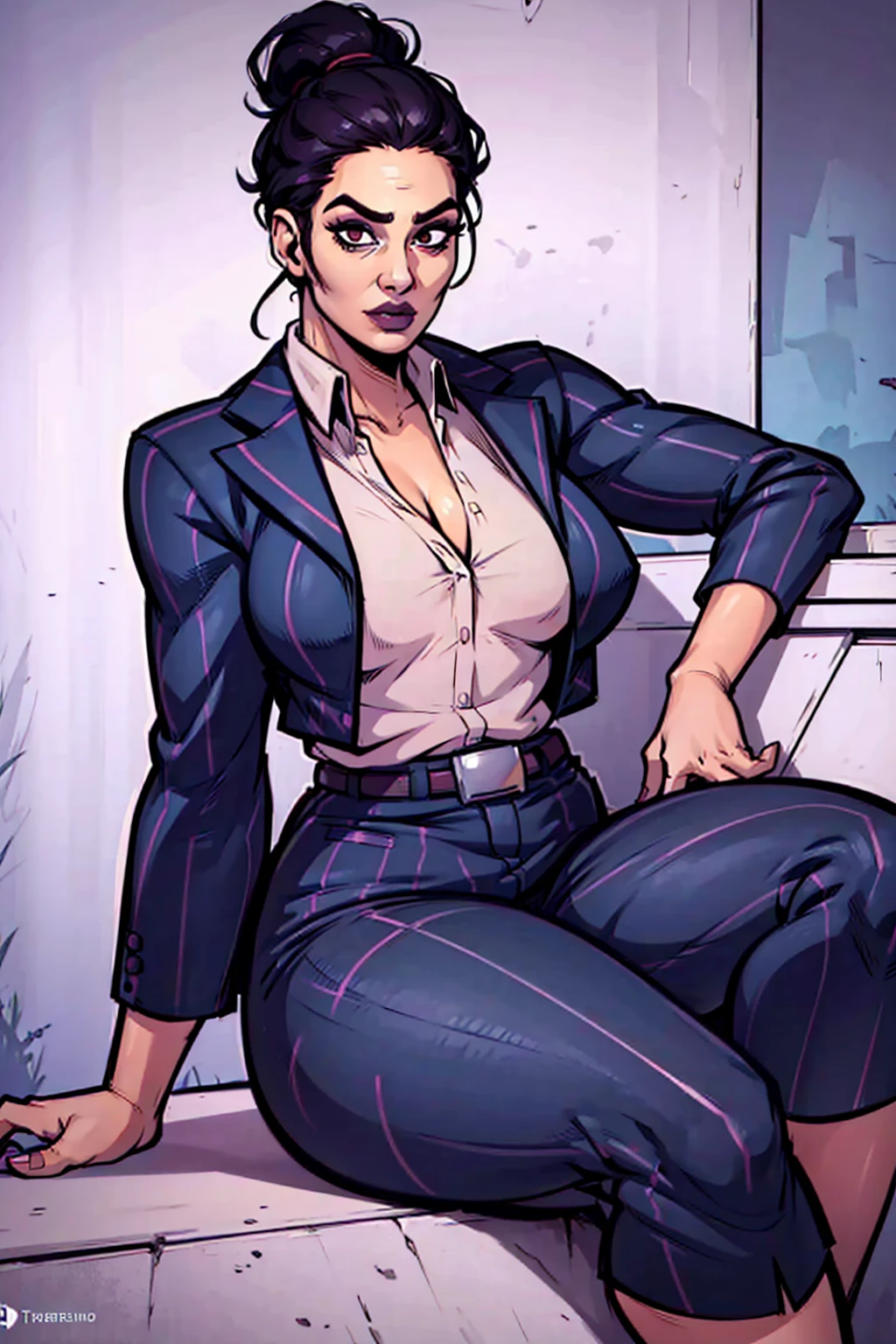 Digital art, angled view, sexy sitting pose, full curvy figure, mature woman, adult female, whole body, form-fitting, Jane Romero (Dead by Daylight game) inspired costume, pinstriped blazer, blouse, belt, pinstriped baggy pants that ends above the ankle, belt, flat office heels, 1woman, solo, upper body, lower body, ((Extremely Detailed)), ((Best Quality)), ((Masterpiece)), ((4k)).
