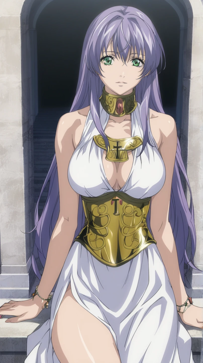  better quality , masterpiece , looking at the viewer, absurdres,1 girl, score_9, score_8_above, score_7_above,source_ anime ROMPS Sasha , green eyes, purple hair ,long hair, Big breasts, white dress1, dress, neckline, Petal bracelet, Golden belt, jewelry,  lyrics,  wallpaper , side opening, high opening, cross opening , Absolute Field , thighs,Architecture of Greece,outdoor, sunny, natural light