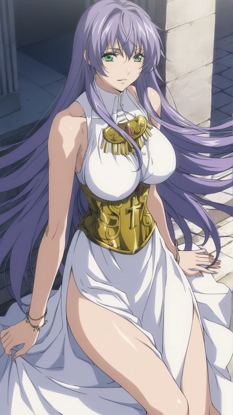  better quality , masterpiece , looking at the viewer, absurdres,1 girl, score_9, score_8_above, score_7_above,source_ anime ROMPS Sasha , green eyes, purple hair ,long hair, Big breasts, white dress1, dress, neckline, Petal bracelet, Golden belt, jewelry,  lyrics,  wallpaper , side opening, high opening, cross opening , Absolute Field , thighs,Architecture of Greece,outdoor, sunny, natural light