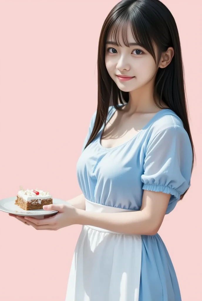 (nsfw:1.5), (masterpiece,  best quality:1.2), One Japanese girl, solo, 18 years old, ((A very cute face like a popular idol:1.2)), Beautiful model、 smaller breasts,  black hair,  (Cute light blue maid costume ) 、 Put strawberry cake on the tray and hold it out,  The background is a cute pale pink wall、 upper body