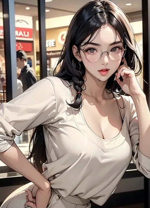  beautiful Japanese woman 、20th Generation、Long black hair、 braids :1.7、 big eyes、Glasses、 glamorous figure :1.7、(( Casual Fashion )), ( sexy pose :1.7)、8K High Resolution、Realistic、Meticulous down to the last detail、(( best quality )),(超 high definition ),( Very detailed),(Detailed explanation),(( best CG )),(masterpiece),( best quality 、8k、32K、masterpiece)、( perfect anatomy )、(Realistic:1.2)、( high definition )、 Very detailed、( shopping mall:1.7)