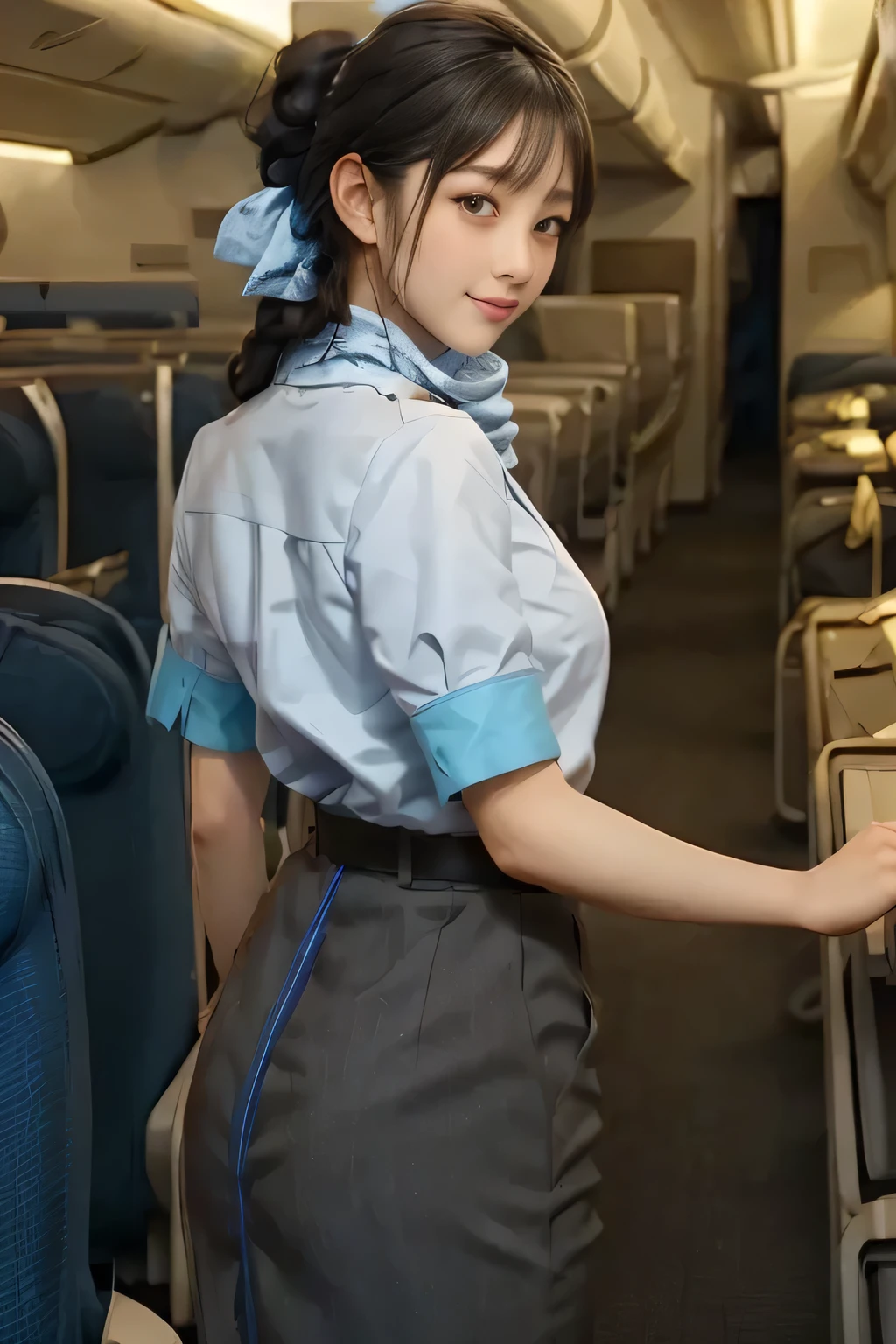 (masterpiece:1.2,  best quality:1.2), 32kHDR,  HIGH DEFINITION, (Alone、  1 girl)、（ Rooftop of a building during the day 、 Professional Writing ）、 With the roof of a building in the background 、（ANA cabincrew uniform blueを着たリアルスタイル）、（（ANA cabincrew uniform blue blue short sleeve blouse 、ANA cabincrew uniform blue BLUE SKIRT WITH A BLUE LINE IN THE BACK、 Scarf around the neck ））、  lots of dark brown hair  、（ long hair、Hair tied up、Hair tied up, Braid Summary Hair ）、  lots of dark brown hair  、Long Hit、Big Breasts、Thin legs、（（ amazing hands：2.0）），（（  Harmonious body proportions against the background of a building roof ：1.5）），（（Normal limbs：2.0）），（（Usually ：2.0）），（（  Delicate Eyes：2.0）），（（Normal eyes：2.0））)、smile、（ANA cabincrew uniform blueを見せた美しい後ろ姿）、Hands crossed underneath 