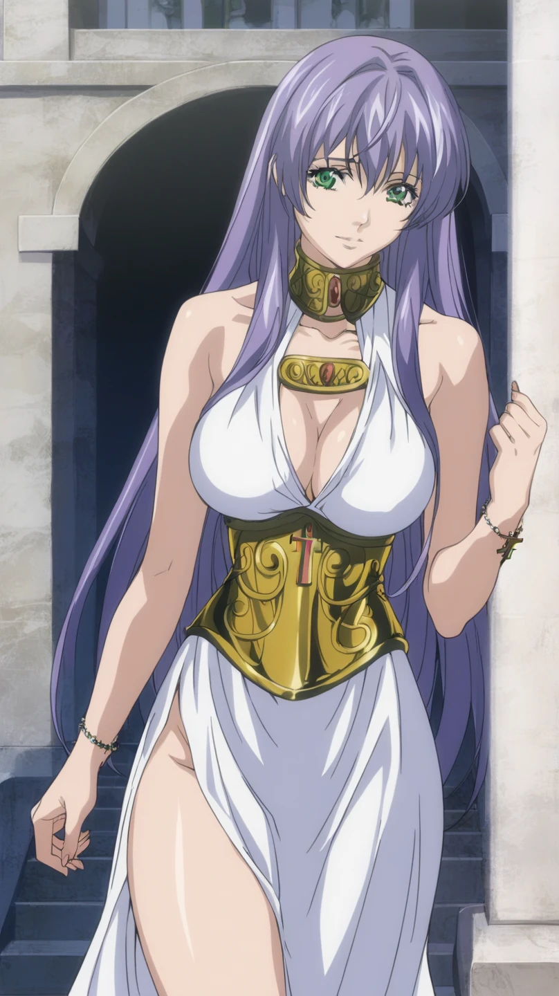  better quality , masterpiece , looking at the viewer, absurdres,1 girl, score_9, score_8_above, score_7_above,source_ anime ROMPS Sasha , green eyes, purple hair ,long hair, Big breasts, white dress1, dress, neckline, Petal bracelet, Golden belt, jewelry,  lyrics,  wallpaper , side opening, high opening, cross opening , Absolute Field , thighs,Architecture of Greece,outdoor, sunny, natural light