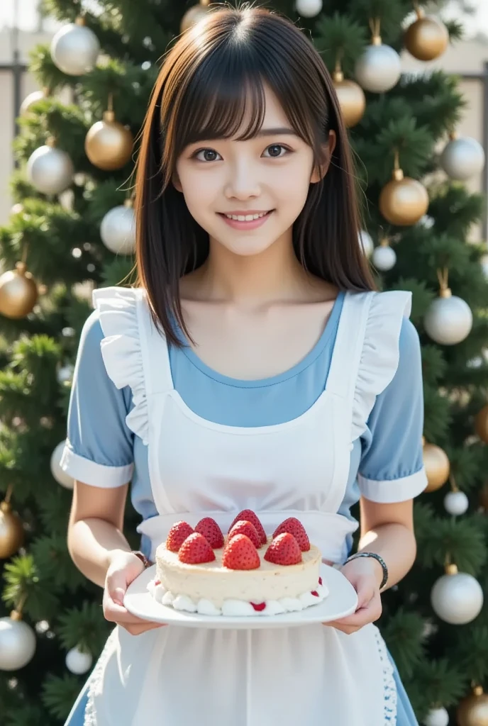 (nsfw:1.5), (masterpiece,  best quality:1.2), One Japanese girl, solo, 18 years old, ((A very cute face like a popular idol:1.2)), smile, Beautiful model、 smaller breasts,  black hair,  (Cute light blue maid costume ) 、 Put strawberry cake on the tray and hold it out,  The background is a beautiful Christmas tree、 upper body