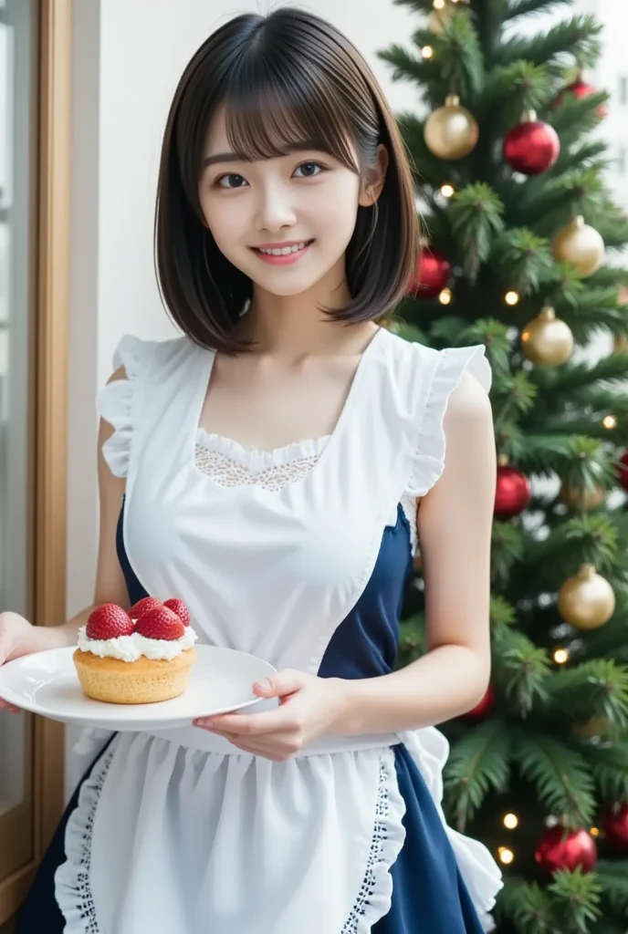 (nsfw:1.5), (masterpiece,  best quality:1.2), One Japanese girl, solo, 18 years old, ((A very cute face like a popular idol:1.2)), smile, Beautiful model、 smaller breasts,  black hair,  (Cute light blue maid costume ) 、 Put strawberry cake on the tray and hold it out,  The background is a beautiful Christmas tree、 upper body