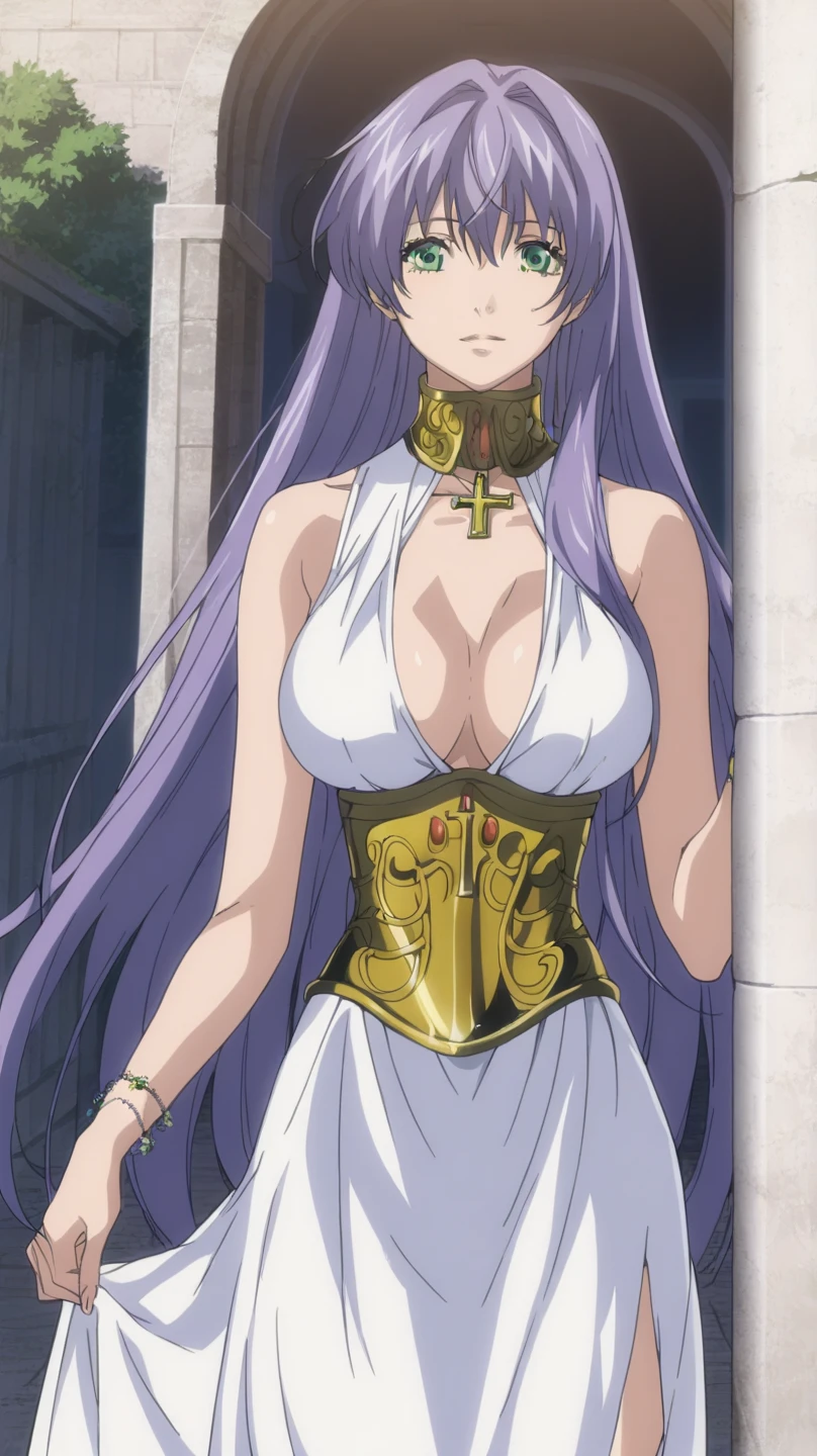  better quality , masterpiece , looking at the viewer, absurdres,1 girl, score_9, score_8_above, score_7_above,source_ anime ROMPS Sasha , green eyes, purple hair ,long hair, Big breasts, white dress1, dress, neckline, Petal bracelet, Golden belt, jewelry,  lyrics,  wallpaper , side opening, high opening, cross opening , Absolute Field , thighs,Architecture of Greece,outdoor, sunny, natural light