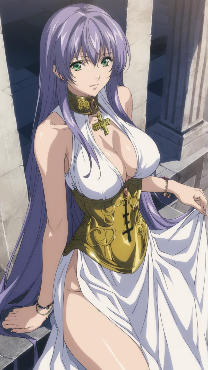  better quality , masterpiece , looking at the viewer, absurdres,1 girl, score_9, score_8_above, score_7_above,source_ anime ROMPS Sasha , green eyes, purple hair ,long hair, Big breasts, white dress1, dress, neckline, Petal bracelet, Golden belt, jewelry,  lyrics,  wallpaper , side opening, high opening, cross opening , Absolute Field , thighs,Architecture of Greece,outdoor, sunny, natural light