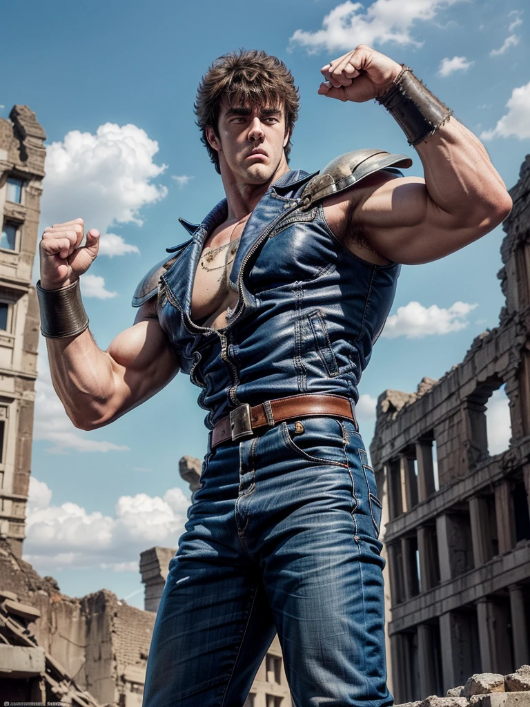 (((ancient ruined city:1.25, Abandoned city background, Blue sky and white clouds, Clear blue sky))), Collapsed Buildings, crumbling towers, intricate architecture, sense of decay and abandonment. kenshirou, (fist in hand pose, Fighting Stance), ((Kenshiro-like hairstyle, Short unkempt hair)), Brownish black hair, (blue jacket, red undershirt), Thick eyebrows, handsome face., sunlight filtering through clouds, Doomsday City, (photorealistic:1.4),(masterpiece:1.4),(best quality:1.4), ultra high res, HDR, 4k, detailed skin texture, detailed cloth texture