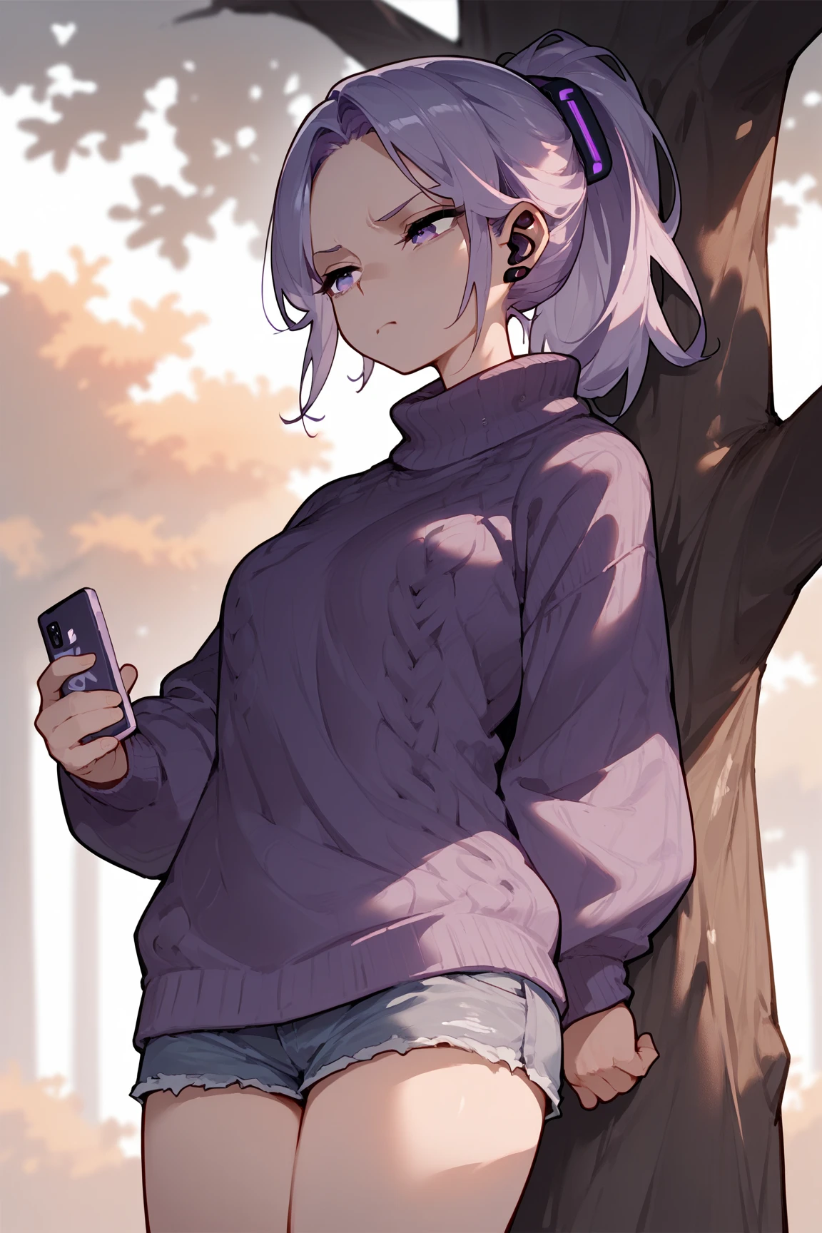 masterpiece,1girl,solo,light purple hair,purple sweater,violet eyes,jean shorts,airpods,leaning back against tree,japanese school background,morning,bored expression,using phone,hair tied into a high ponytail