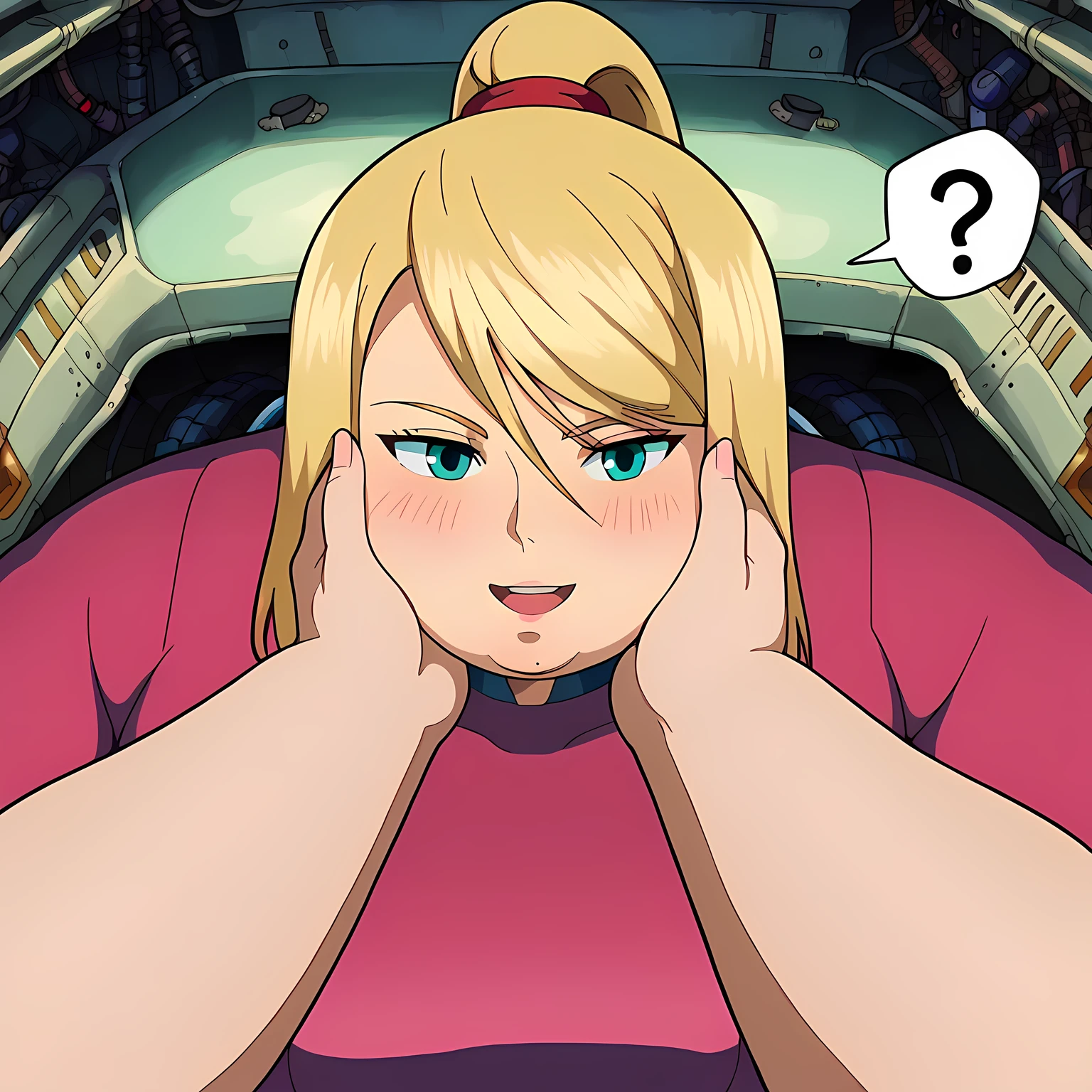 score_9, score_8_up, score_7_up, source_anime, zPDXL, Ghiblistyle, 1girl, solo, looking at viewer, smile, long hair, blonde hair, Samus Aran, cockpit, spaceship cockpit swollen face, fat, chubby, obese, open mouth, out of breath, absurdres, highres icon, rating:General, confused, blush, spoken question mark, {flustered}, nervous sweating, portrait, pov hands, hand on another's cheek, averting eyes, [looking away], straight-on, from above,  upper body, masterpiece, best quality, ultra-detailed, high resolution, 8K, absurdres, highres icon,