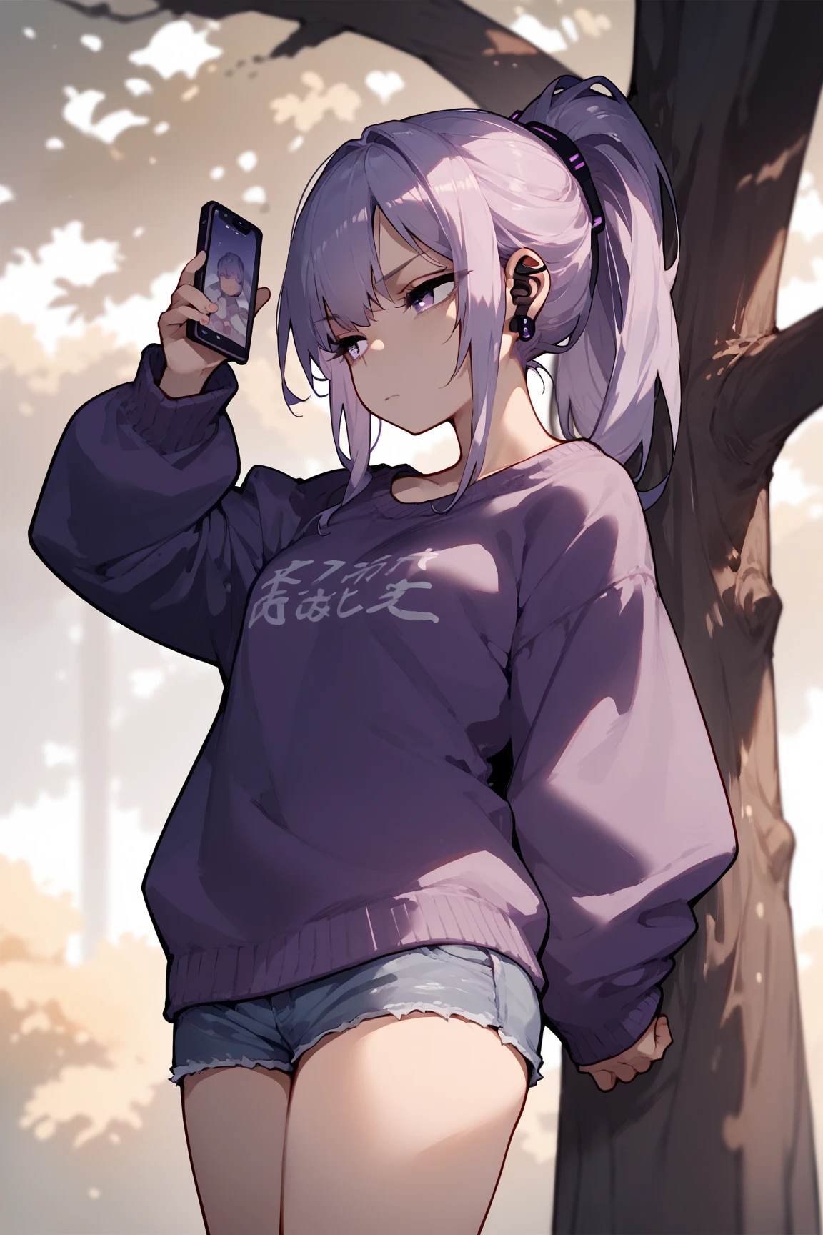 masterpiece,1girl,solo,light purple hair,purple sweater,violet eyes,jean shorts,airpods,leaning back against tree,japanese school background,morning,bored expression,using phone,hair tied into a high ponytail