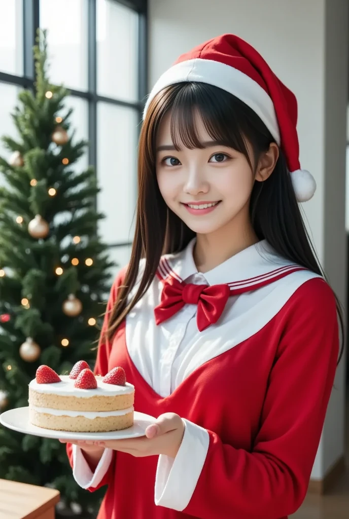 (nsfw:1.5), (masterpiece,  best quality:1.2), One Japanese girl, solo, 18 years old, ((A very cute face like a popular idol:1.2)), smile, Beautiful model、 smaller breasts,  black hair,  (( Santa Claus costume)) 、 Put strawberry cake on the tray and hold it out,  The background is a beautiful Christmas tree、 upper body