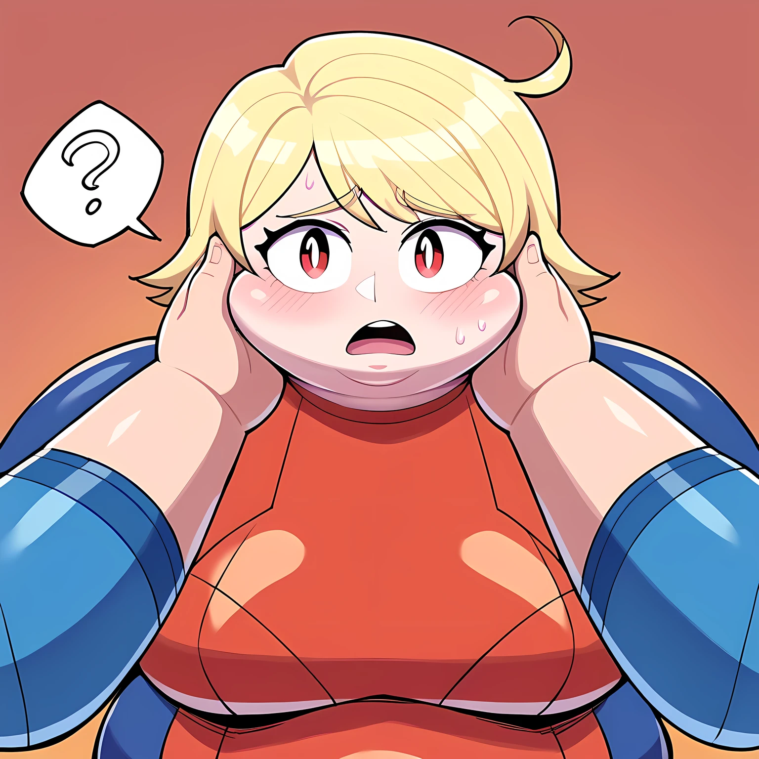 score_9, score_8_up, score_7_up, BREAK, 1girl, solo, large breasts, cowboy shot, sw2099, bodysuit, red eyes, superhero, skin tight, blue bodysuit, brow hair, short hair  swollen face, fat, chubby, obese, open mouth, out of breath, absurdres, highres icon, rating:General, confused, blush, spoken question mark, {flustered}, nervous sweating, portrait, pov hands, hand on another's cheek, averting eyes, [looking away], straight-on, from above,  upper body, masterpiece, best quality, ultra-detailed, high resolution, 8K, absurdres, highres icon,