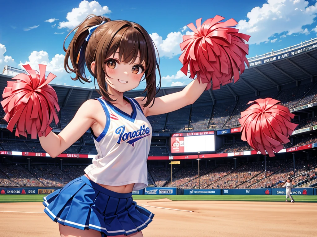 Asagumo KC, (white) shirt, bottomless:1.5, panties, shoes, twin tails, break, cowboy shot, from below:1.5, raise your feet:1.5, smile, (outdoor:1.5, outdoor stage:1.5, cheer leading, looking up from below the stage:1.5, Packed crowd:1.5),