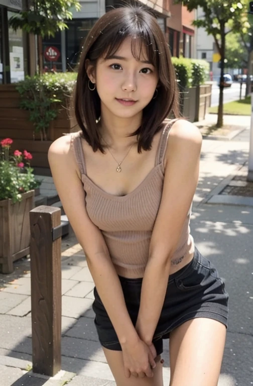 (nsfw:1.5),“A young woman with short bob hair, wearing a cute summer outfit. She is dressed in a fitted, pastel-colored tank top that gently highlights her arms, showing off her toned but soft upper arms. Her skirt is a flowy mini skirt in a light floral pattern, reaching mid-thigh, revealing her slender, smooth legs. The outfit gives her a playful yet innocent look, perfect for a warm, casual day out. Her posture is relaxed but slightly shy, as she stands with her arms slightly raised, emphasizing the soft curves of her arms and her exposed legs. She wears simple accessories, like a small bracelet and earrings, with minimal makeup and a light blush on her cheeks. The setting is outdoors in a sunny park or a city street, with warm sunlight highlighting her skin.”